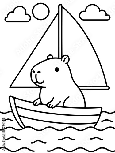 Capybara on a Sailing Adventure: A cute capybara navigates the open water on a charming sailboat, with the sun and fluffy clouds as companions.