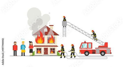 Firefighters bravely battle a blazing house fire, rescuing residents while a fire truck and ladder are deployed to extinguish the flames