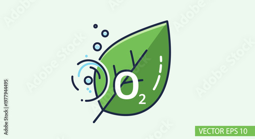 Green leaf with oxygen symbol representing photosynthesis and clean air