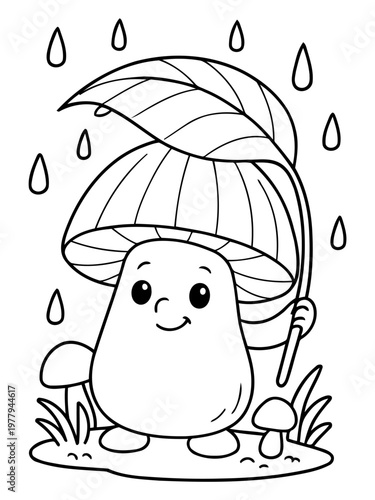 Mushroom's Rainy Day: A charming mushroom figure, smiles with eyes full of happiness while holding up a leaf as an umbrella, walking in the light rain.