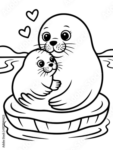 Affectionate Seal Duo: A tender illustration depicts a mother seal embracing her pup atop an iceberg, hearts floating above, expressing the warmth of family and love.