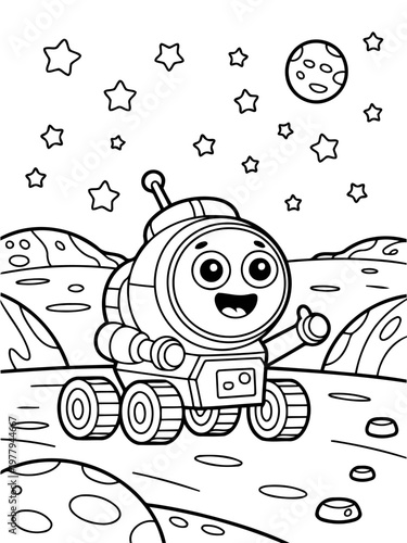 Space Rover Adventure: A cheerful space rover, with a friendly face, navigates a whimsical lunar landscape filled with stars and a smiling planet. Witnessing the charm of space exploration. 