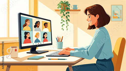 Productive Woman Managing Video Conference in Bright Home Office