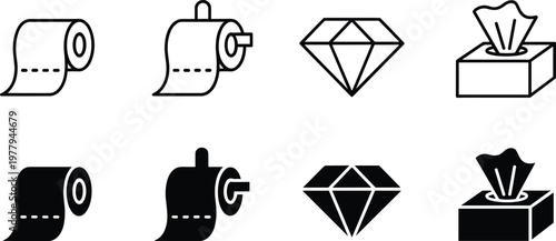 Toilet paper holder, tissue box and diamond icon set in outline and solid styles, hygiene and luxury symbols collection, minimal vector design