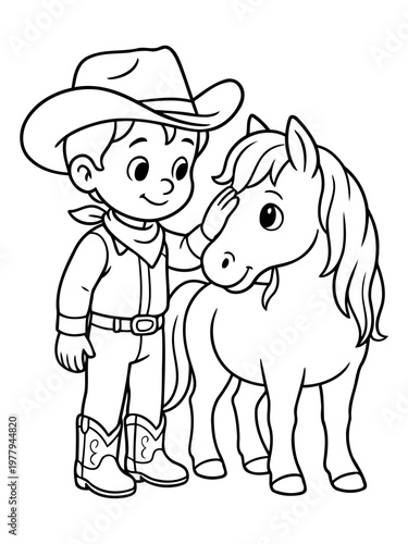 Cowboy with Pony: A young cowboy, with his hat, boots, and a touch of mischief in his eyes, shares a tender moment of connection with his pony. The outlines invite a world of coloring fun!