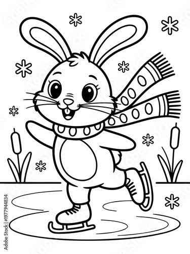 Winter Wonderland Bunny: A cheerful bunny, adorned with a cozy scarf, gracefully glides on ice skates amidst a flurry of snowflakes, exuding the joyful spirit of winter.