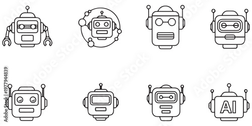 Set of twelve robot head line icons simple outline vector illustration eps 10
