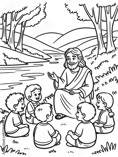 Spiritual Teaching: An illustration captures the essence of spiritual guidance, with a wise figure sharing knowledge and wisdom with a group of attentive children in a serene natural setting.