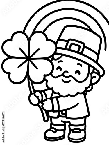 Lucky Leprechaun: An illustration depicts a jovial leprechaun, adorned in traditional attire, holding a lucky four-leaf clover, and accompanied by a vibrant rainbow. 