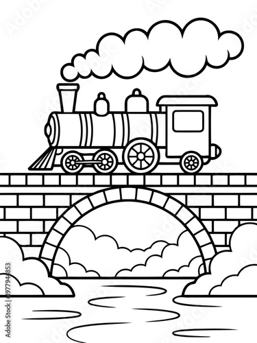 Train Crossing Bridge: A classic train locomotive steams across an old stone arch bridge, puffing smoke into the sky, symbolizing travel, industry, and the power of engineering.