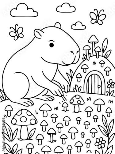 Whimsical Capybara in Fantasy Land: A cute capybara in a fairy-tale land, amidst friendly butterflies and cheerful mushrooms. It's a drawing full of playful joy and fantasy.