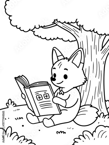 Literary Fox Under the Shade: A charming cartoon fox finds solace and intellectual nourishment while engrossed in a book beneath the protective shade of a tree.