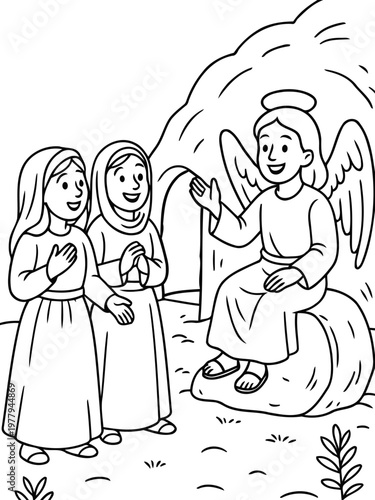Divine Encounter: An angel shares a revelation with two women near a rock cave, in this timeless scene of faith and guidance.