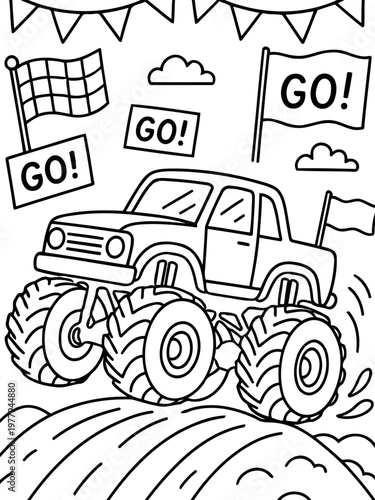 Monster Truck Coloring Page: An exhilarating scene of a monster truck racing over a challenging terrain. Cheering banners add to the excitement and anticipation.