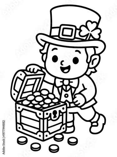Leprechaun's Treasure: A jovial leprechaun, adorned in his iconic attire, unveils his coveted treasure chest brimming with gleaming gold coins.