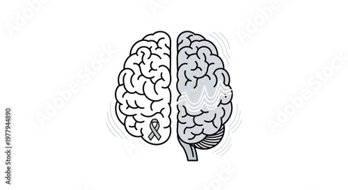 Illustration of a brain divided into two halves with a ribbon and medical waves