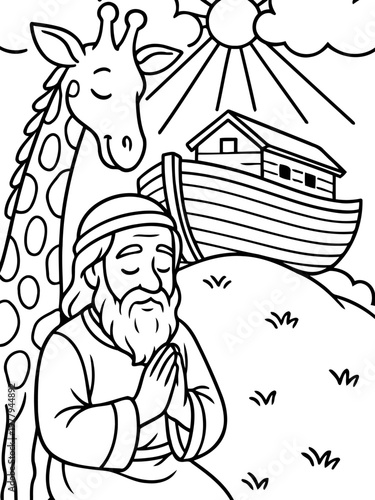 Noah's Ark Illustration: A serene illustration depicts Noah, praying with animals, symbolizing faith, peace, and divine protection.