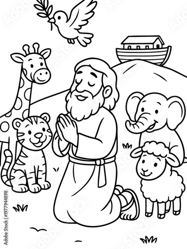Noah's Ark and the Animal Kingdom: A heartwarming depiction of Noah, surrounded by a pair of each animal, as the ark rests peacefully in the distance.