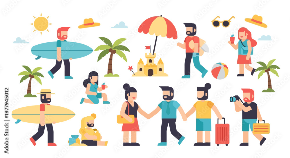 Fototapeta premium Vibrant summer vacation scene with happy people enjoying diverse beach activities like surfing, sunbathing, and building sandcastles under the sunny sky