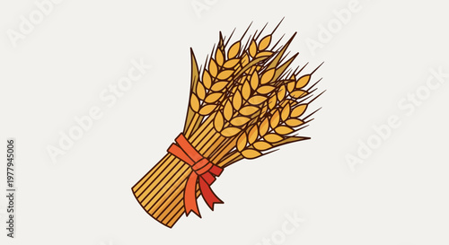 A cartoon illustration of a golden wheat sheaf tied with a red ribbon.