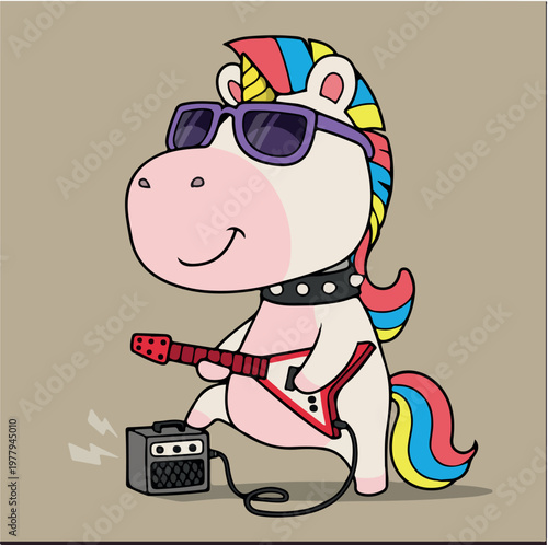 PrintRockstar Unicorn with Guitar and Sunglasses Cartoon