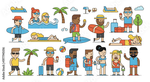 Collection of diverse cartoon characters enjoying various summer vacation activities, depicting travel, beach holidays, and leisure pursuits