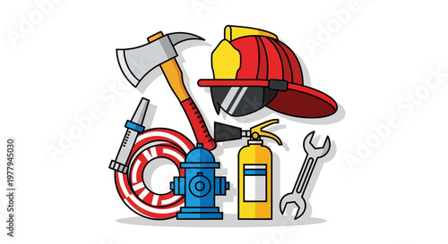 Firefighter Gear and Equipment Collection - Axe, Helmet, Hose, Hydrant, Extinguisher, and Wrench