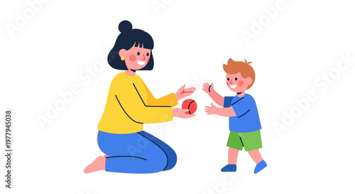Mother playing with her child in the park with a red ball, illustration of a happy family moment