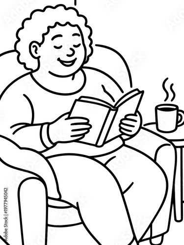 Contentment in Literary Haven: A woman finds solace in the pages of a captivating book, her face reflecting pure joy, accompanied by a warm cup of coffee in a cozy setting.