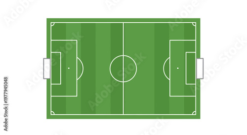 Top-down view of a vibrant green soccer field, perfectly marked for an exciting match. Ideal illustration for sports events, game strategies, or athletic themes