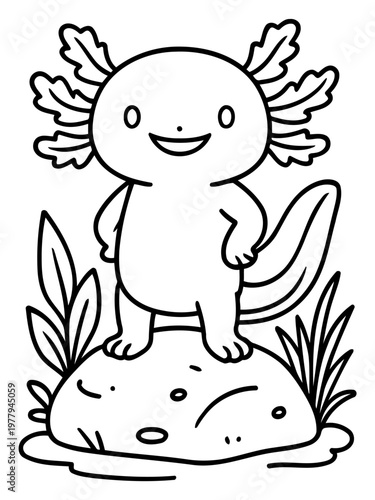Playful Axolotl Illustration: A whimsical illustration showcases a charming axolotl with a friendly smile, perched atop a textured rock amid a simple array of aquatic plants.