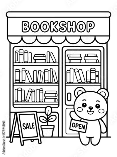 Open Bookshop: A whimsical illustration of a charming bookshop with an adorable bear welcoming customers, surrounded by books and a sale sign.