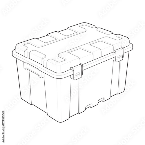 Isometric stackable heavy duty plastic storage container and lockable trunk linear drawing