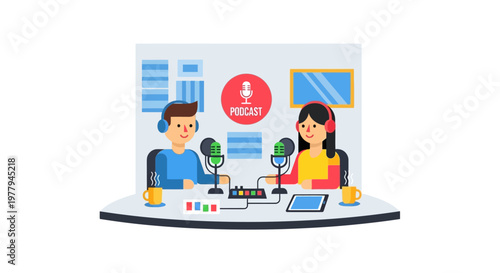 Broadcasting Live Show with Two People Recording Podcast in a Studio with Microphones and Equipment