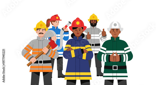Diverse group of firefighters in uniform standing together, ready for action and displaying a sense of unity and professionalism
