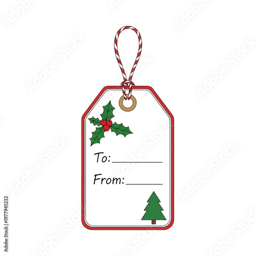 The gift tag features a festive holly berry sprig and a green pine tree illustration with designated lines for writing recipient and sender names during the winter holidays.