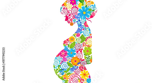Pregnant Woman Silhouette Filled With Colorful Floral Patterns, Celebrating Motherhood and New Life