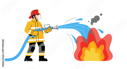 Firefighter in action, spraying water from a hose to extinguish a large flame, emergency service illustration