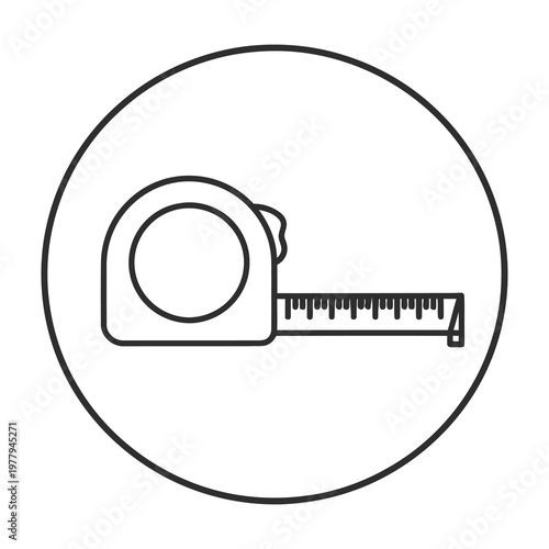 Tape measure icon in circle isolated on white background for design and construction