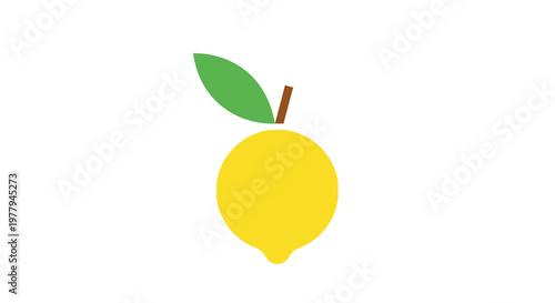 Vibrant Yellow Lemon Illustration with Fresh Green Leaf and Brown Stem, a Simple and Clean Flat Design Vector Graphic Icon Perfect for Refreshing Beverage Concepts