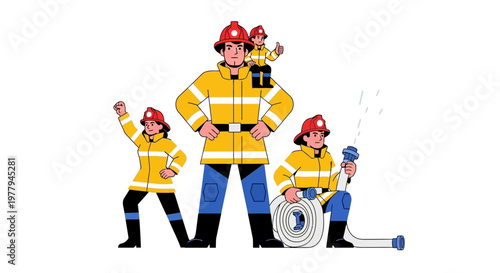 Firefighting team posing heroically in yellow and black uniforms, ready to protect their community from danger