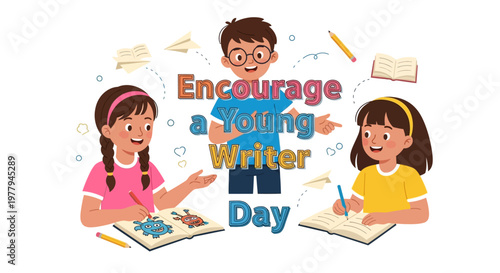 A vector illustration promoting young writer encouragement day, featuring a boy standing between two smiling girls who are engaged in creative writing and drawing activities, all set
