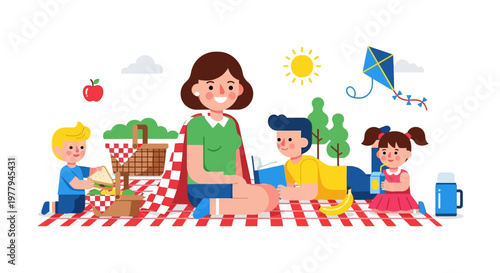 A joyful family picnic in the park on a sunny day with children and a kite flying in the sky
