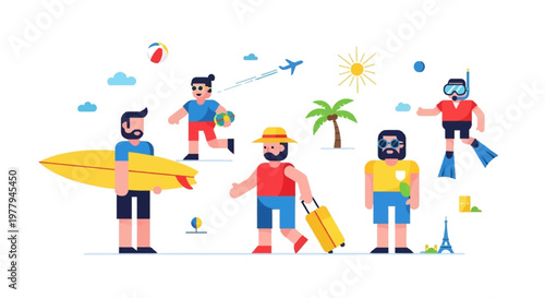 Summer Vacation and Travel Icons Featuring People Enjoying Outdoor Activities and Tropical Destinations