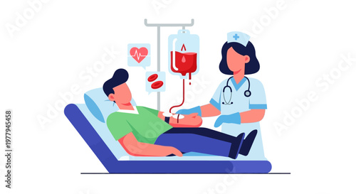 Nurse administering blood transfusion to patient lying in hospital bed, illustration of medical care and donation
