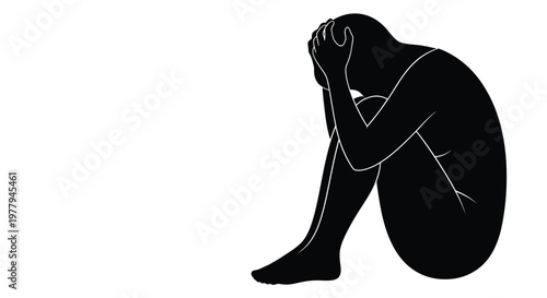 A minimalist vector graphic illustration depicting a person experiencing profound despair, anxiety, or mental health distress, curled up in a vulnerable position.