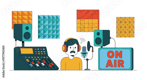 Engaged male host broadcasting a live radio show or podcast from a professional studio, surrounded by essential audio equipment and soundproofing panels