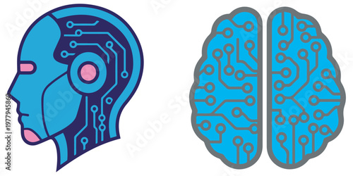 Robot head side profile with circuits and human brain with circuits eps 10