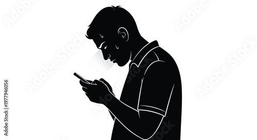 This vector graphic illustration design features a concerned man deeply engrossed in his smartphone, possibly experiencing digital eye strain, stress, or overwhelming mobile information.