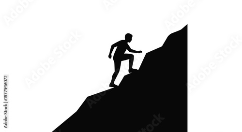 Minimalist vector graphic illustration of a determined human silhouette climbing a steep mountain peak representing business success achievement and overcoming challenges to reach the high top